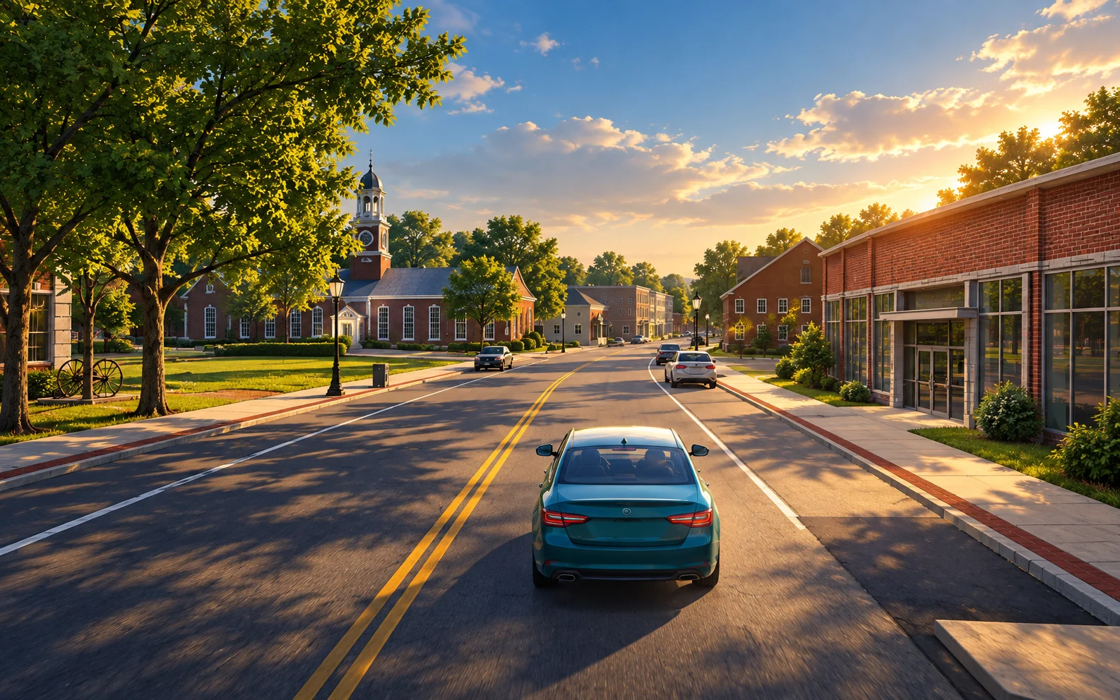 Illustrated cover art inspired by the game’s Main Street: a teal car, Webster’s brick church and storefronts, and golden summer light.